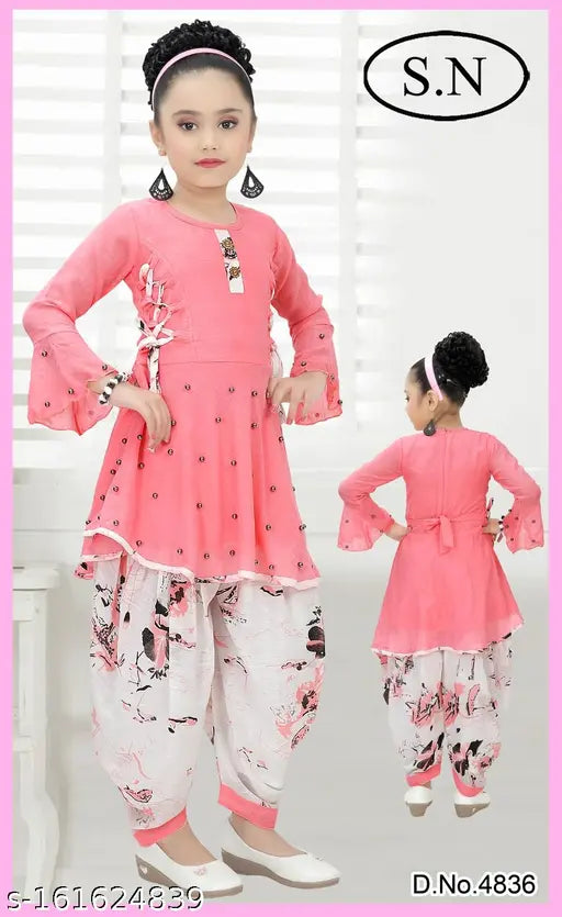 Cotton blend Princess Stylus Girls Kurta suit set with acrylic dupatta, three-quarter sleeves, printed pattern for kids aged 2-3, 3-4, 5-6, 6-7, and 10-11 years old, India origin