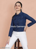 Dark blue solid denim women's jacket, long sleeves, collared neckline, dual chest pockets, button front closure - Dimpy Garments, size chart in inches