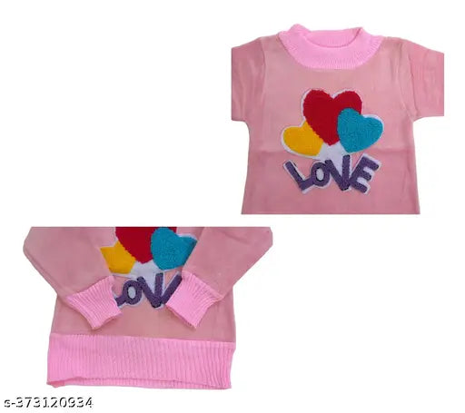 Pink acrylic round neck sweater with cartoon face pattern and pink embroidery design for girls, self-design all over print on knitwear fabric