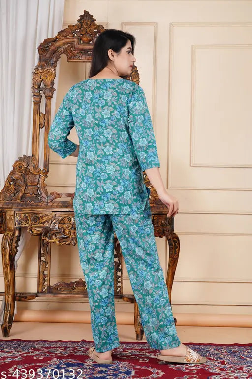 Pure cotton printed daily wear nightsuit, Indian-made quality women's pyjamas with three-quarter sleeves