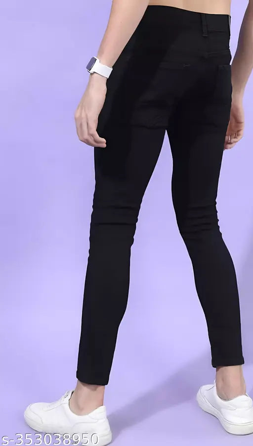 Black men's stylish cotton lycra jeans with denim pattern, versatile for parties and regular use