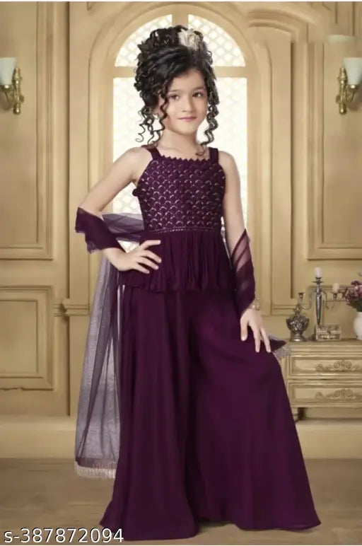 Wine Georgette Girls Casual Kurta and Sharara Set with embroidered pattern, palazzo bottom type, above knee length. Indian traditional attire for kids." (97 characters)
