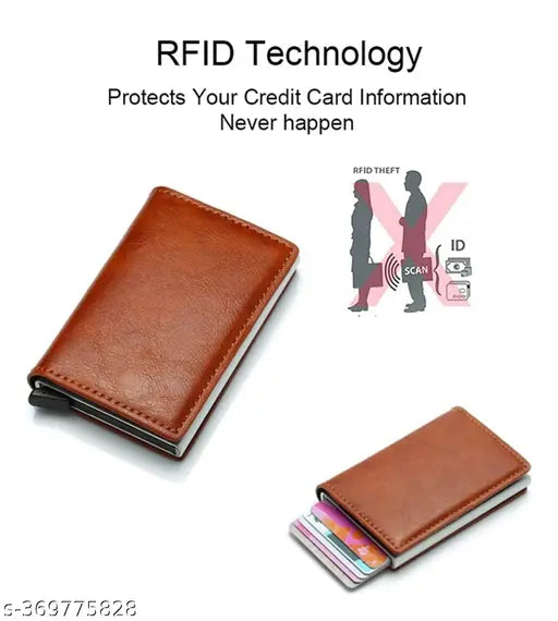 RFID-protected brown PU aluminum 8-card holder with smart design and one-click access, featuring robust construction and RFID theft prevention