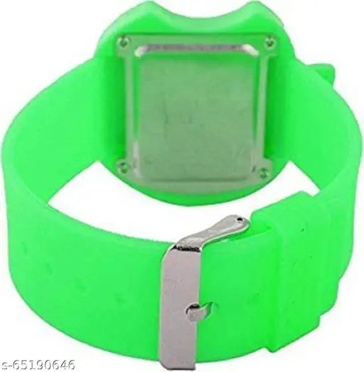 Multi-colored apple-shaped digital watch with a green strap and face