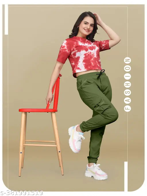 Woman in military cargo pants with army print, green color, low price, good quality