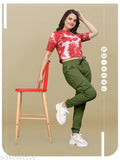 Woman in military cargo pants with army print, green color, low price, good quality