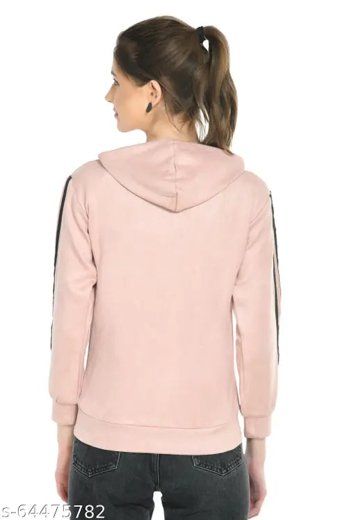 Peach polyester Aphrodite full sleeves printed soft casual hoodie for women, featuring women's western casual wear on model