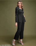 Black polyester top & bottom set, long sleeves, casual wear, layered, jacket included, modern women's fashion brand