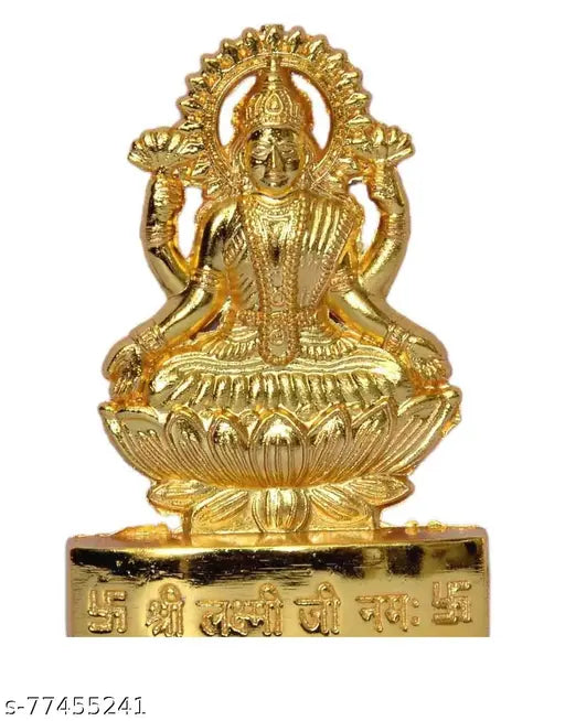Golden metal decorative showpiece of Shri Laxmi Maal (Goddess of Wealth), in brass and gold finish, idol sized 11 cm