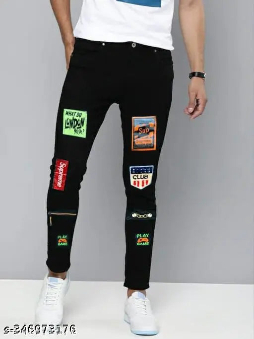 Black stretchable and breathable premium denim jeans for men, modern style with placement print, size 26, 28, or 30