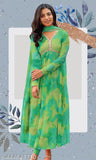 Women's A-line Georgette Gown with V-Neck, long sleeves, and dupatta. Pure Georgette fabric, traditional ethnic design, perfect for outdoor events, parties, weddings, or festivals