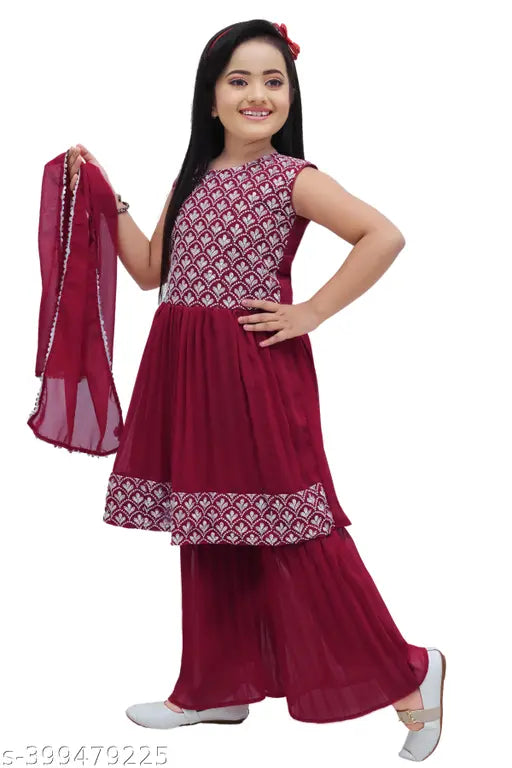 Embroidered Georgette Kurti Palazzo Set for Kids, 4-7 years, Indian ethnic wear