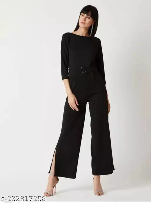 Black polyester jumpsuit with belt, solid design, three-quarter sleeves, imported fabric, side slit, zip closure, pockets, soft and stretchable, wide leg, India origin