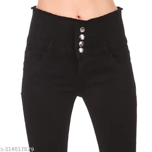 Black stretchable women's jeans with four front button closures