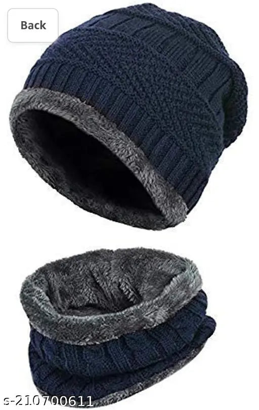 Black wool cap with a high collar, ribbed texture for warmth. Set of two, ideal for cold weather protection. Includes bonus neck muff for added comfort
