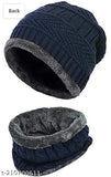 Black wool cap with a high collar, ribbed texture for warmth. Set of two, ideal for cold weather protection. Includes bonus neck muff for added comfort