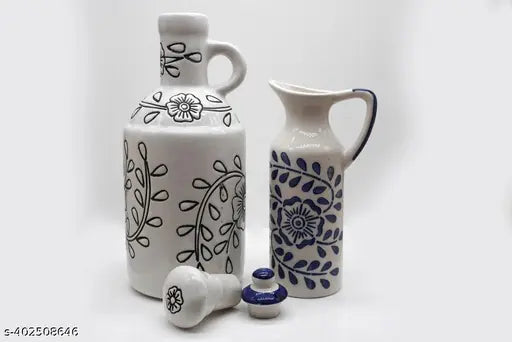 Black and white ceramic oil dispenser with floral design and cork stopper