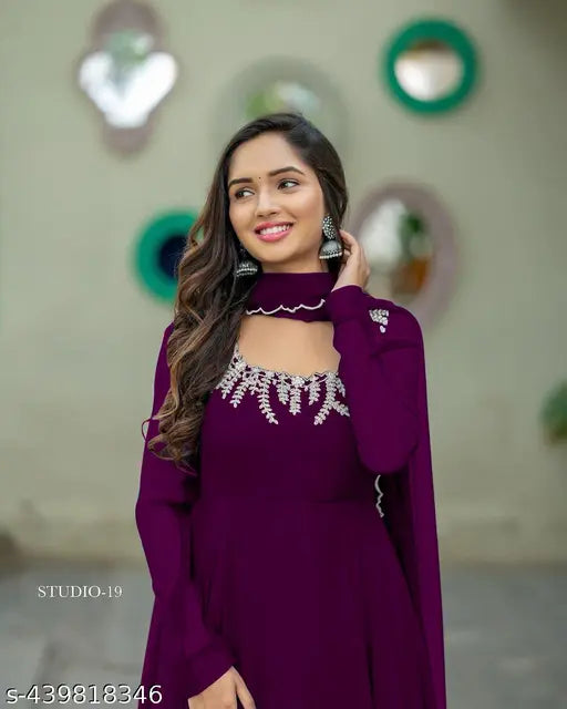 Purple Georgette Anarkali gown with dupatta, embroidered and embellished, long sleeves, Nack line embroidery, lace detailing. Made in India, sizes S-XXL available