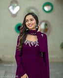 Purple Georgette Anarkali gown with dupatta, embroidered and embellished, long sleeves, Nack line embroidery, lace detailing. Made in India, sizes S-XXL available