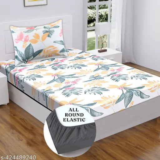 Premium cotton elastic fitted single bedsheet with zipper pillow covers (72 x 48 x 9), super soft, long-lasting, no color bleeding, allergy-free. Made in India