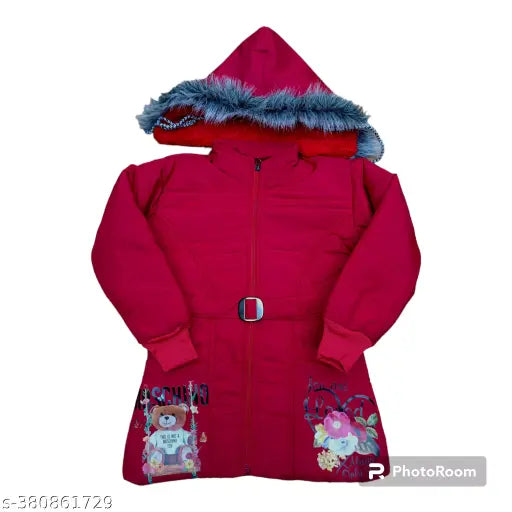Red printed hooded jacket with fur lining and cute prints, girls' style