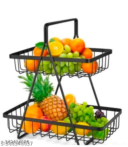 Black metal 2-tier vegetable storage basket, ideal for home kitchen organization and fresh produce display