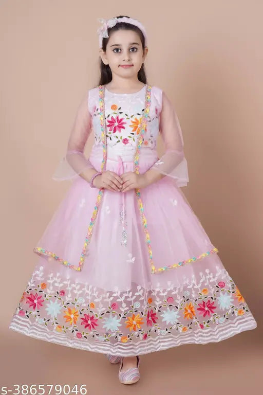 Pink embellished net gown for kids, three-quarter sleeve, BAAQI KIDS/GIRLS sizing from 3-12 years, origin India