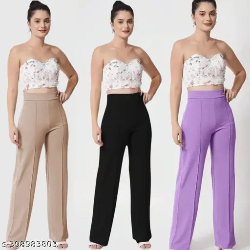 Purple, blue, and black high-rise bootcut pants for women in a set of three