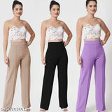 Purple, blue, and black high-rise bootcut pants for women in a set of three