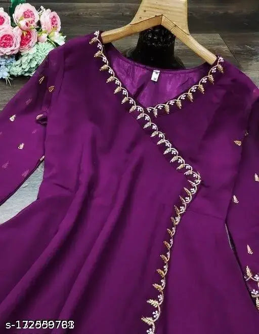 Georgette embroidered kurta for women, solid color Indian ethnic wear with long sleeves, available in multiple sizes up to 7XL