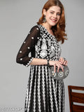 Black, embroidered chikankari georgette anarkali kurta for women