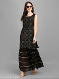 Party wear, women, black and gold striped kurta with flared skirt, long sleeves, embellished borders