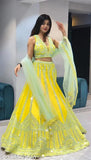 Embroidered georgette heavy lehenga choli with net dupatta, semi-stitched (44in waist, 42in length), Indian handcrafted bridal wear
