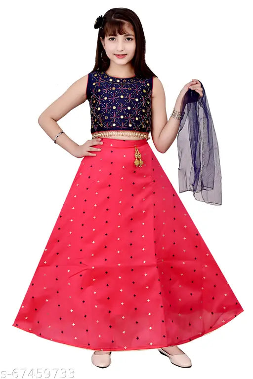 Pink & Silver Silk Blend Lehenga Choli & Net Dupatta for Girls (10-13 yrs), Indian ethnic wear with polka dot lehenga and solid dupatta