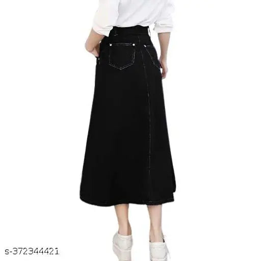 Black denim skirt, midi length, side back pocket with button closure