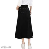 Black denim skirt, midi length, side back pocket with button closure