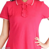 Pink short-sleeved blouse with ruffled collar and epaulettes, crew neck