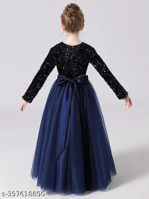 Exquisite long-sleeve net kids dress for formal wear by Gulnaz Fashion, India