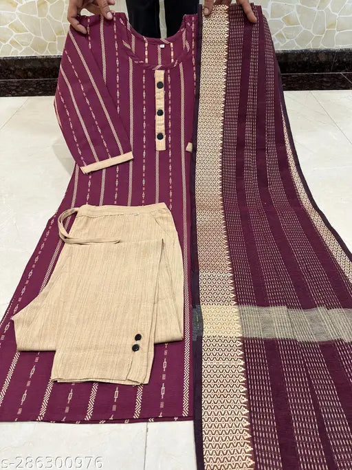 Striped cotton kurta pant set with dupatta, single size available for Indian fashion