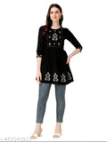 Embroidered rayon A-line tunic for women, three-quarter sleeves, vibrant pattern on display