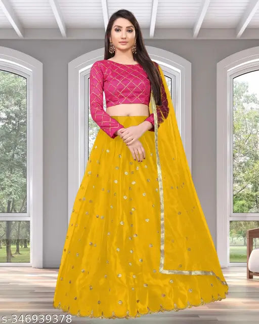 Embroidered semi-stitched silk blend lehenga choli set (Diya), net dupatta. Indian party wear with embroidery detail, alterable up to 42 inches waist size