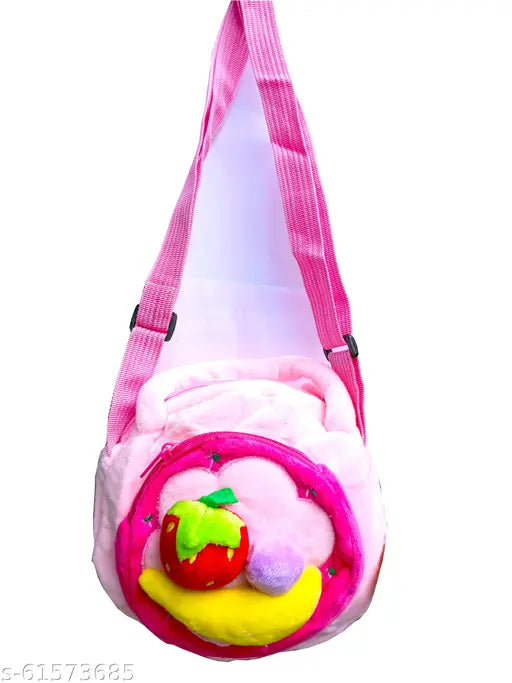 A cute, small, pink canvas bag with a white drawstring closure, featuring a design of colorful fruits and flowers