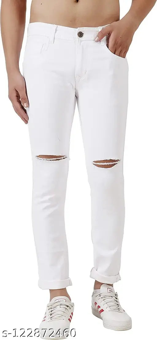 White denim knee-distressed slim fit jeans for men by FLETE FASHION. Solid pattern, two front and back pockets, machine washable