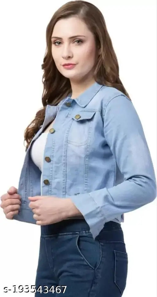 Light blue denim jacket, button front, short sleeves