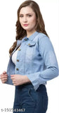 Light blue denim jacket, button front, short sleeves
