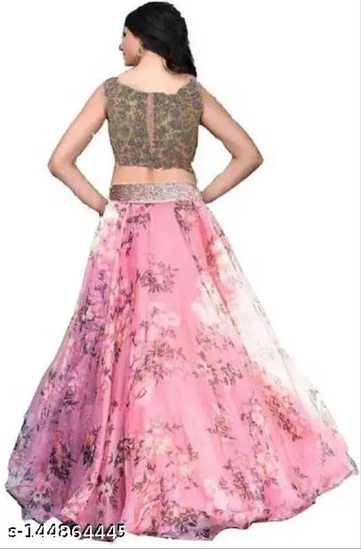 Embroidered pink semi-stitched lehenga choli set on mannequin, Indian net fabric with intricate details