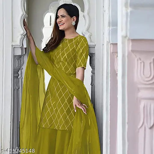 Yellow rayon round neck kurta and sharara with net dupatta set