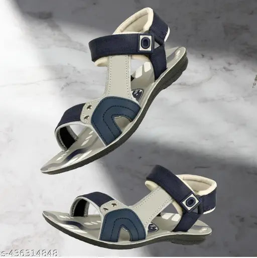Synthetic leather grey blue boys' sandals with net print pattern and Velcro fastening, ideal for ages 8-12 years