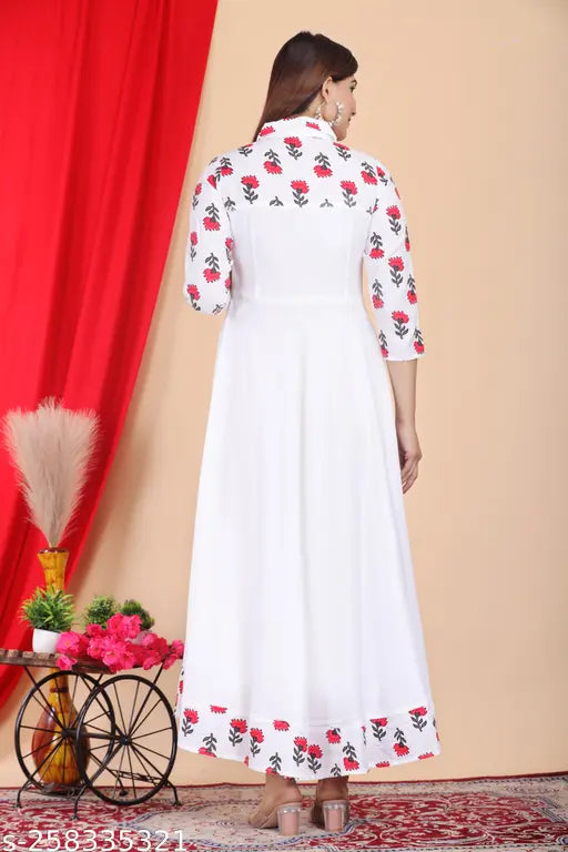 Elegant Viscose Rayon printed anarkali kurti, three-quarter sleeves, single size S (36in bust), casual wear gown for women, India origin