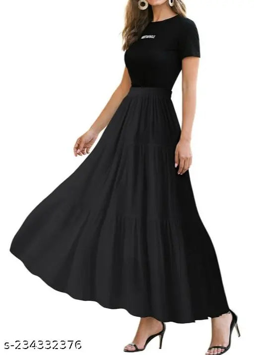 Black knee-length sleeveless dress with ruffled hem
